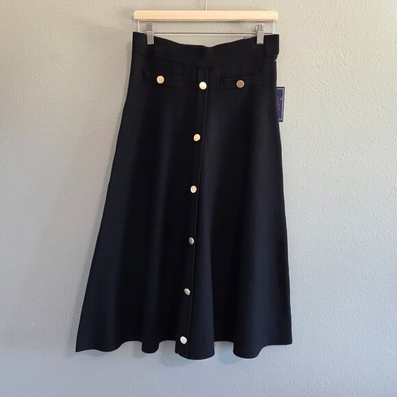 Lark + Grey NWT Black Knit A-Line Midi Skirt Large Gold Button Preppy Classic - Picture 1 of 6